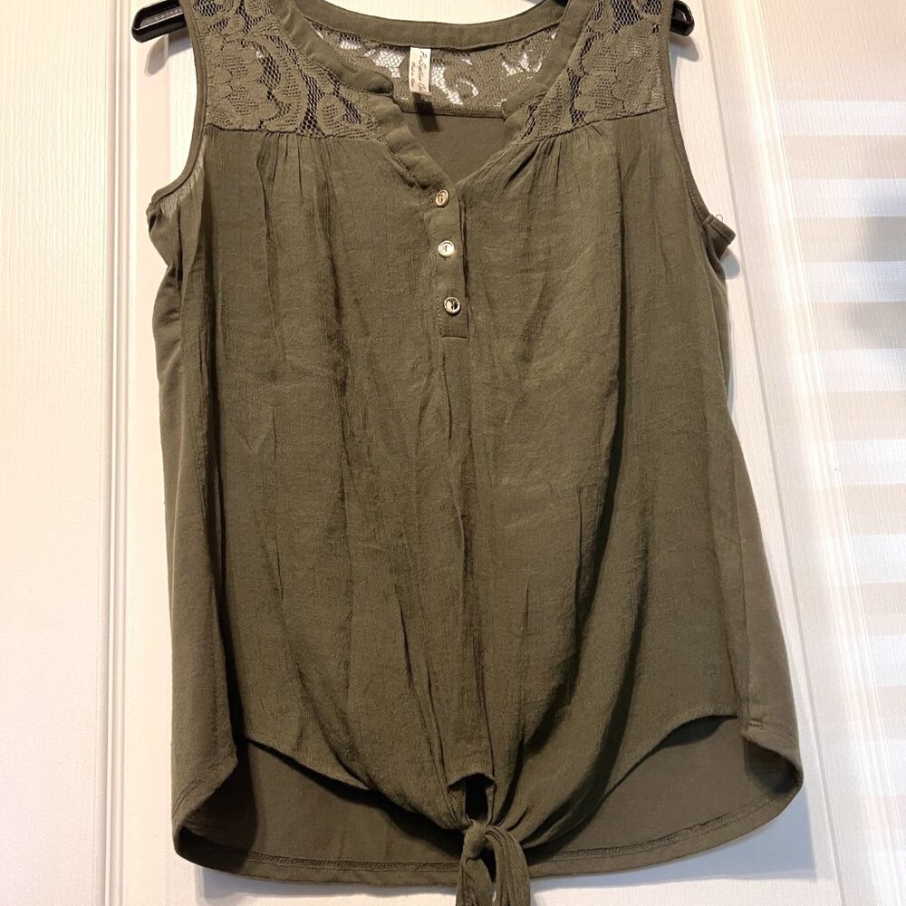 PerSeption Concepts Women's Top-Sleeveless-Tie-Lace-Med.-Olive/Army Green